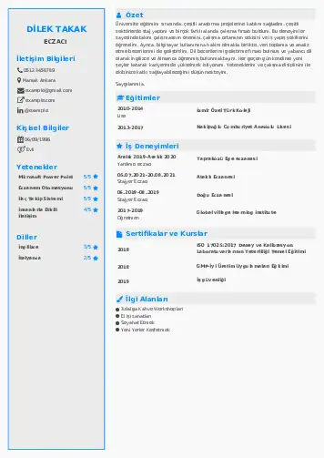 Eczacı CV Örnekleri cv indir